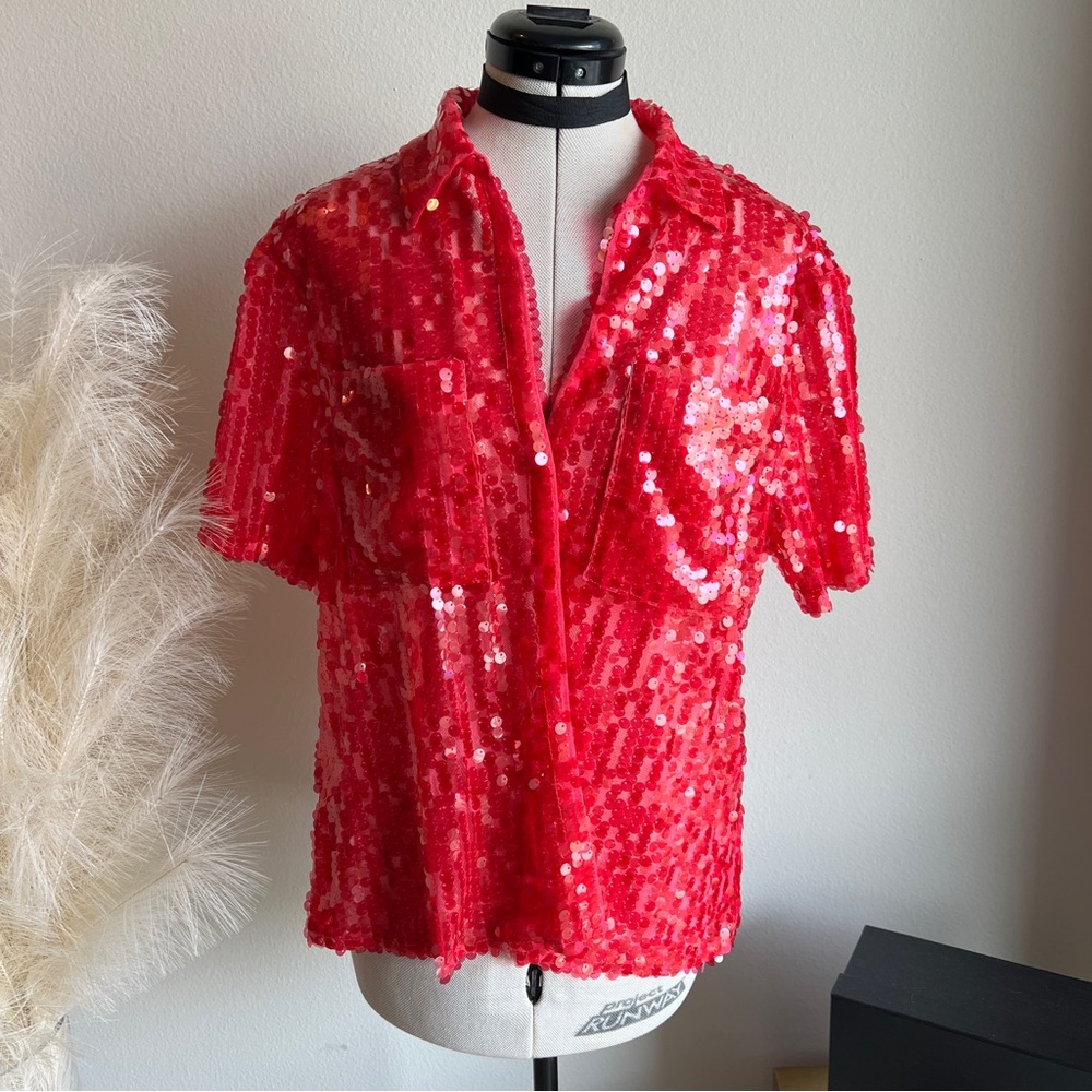 NWOT Ciebon flirty pink sequin short sleeve blouse